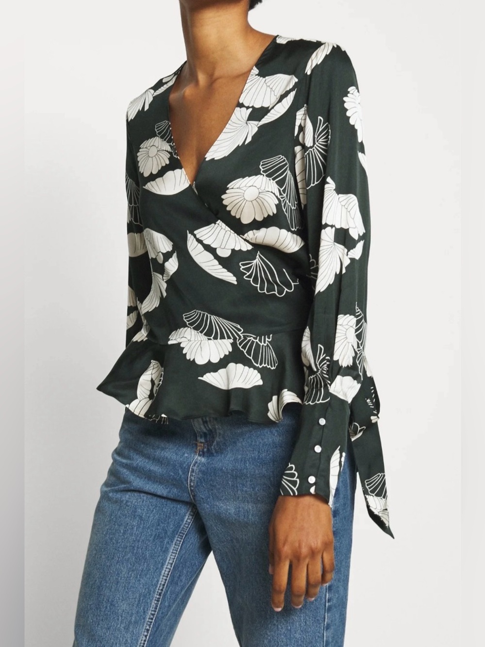 NWT Scotch & Soda Dark Green Wrap Blouse with White Floral Print sz M